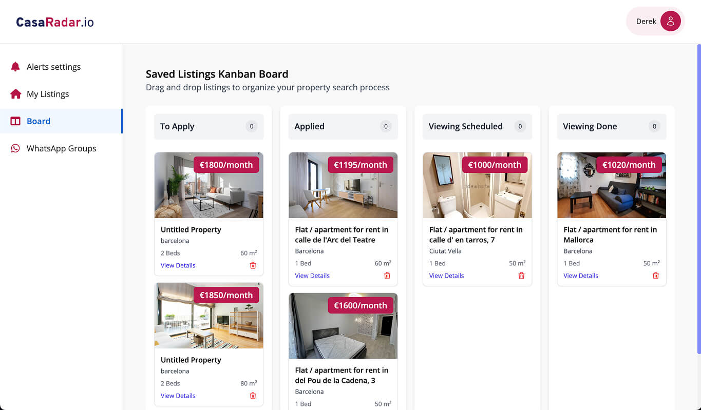 CasaRadar kanban board voor het organiseren en tracken van huurwoningen